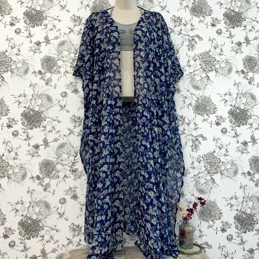#50 NWT LC Lauren Conrad Boho Navy Blue Floral Sheer Duster Kimono Swim Cover-Up - Picture 2 of 4